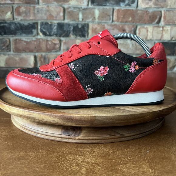 Coach Rebecca Red Black Floral Flowers Leather Suede Sneakers Shoes Size 7 - Picture 1 of 16